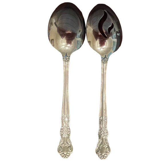 Cambridge Alyssa Stainless Serving Spoon Set Glossy Scrolls Flowers‎ - Picture 1 of 7